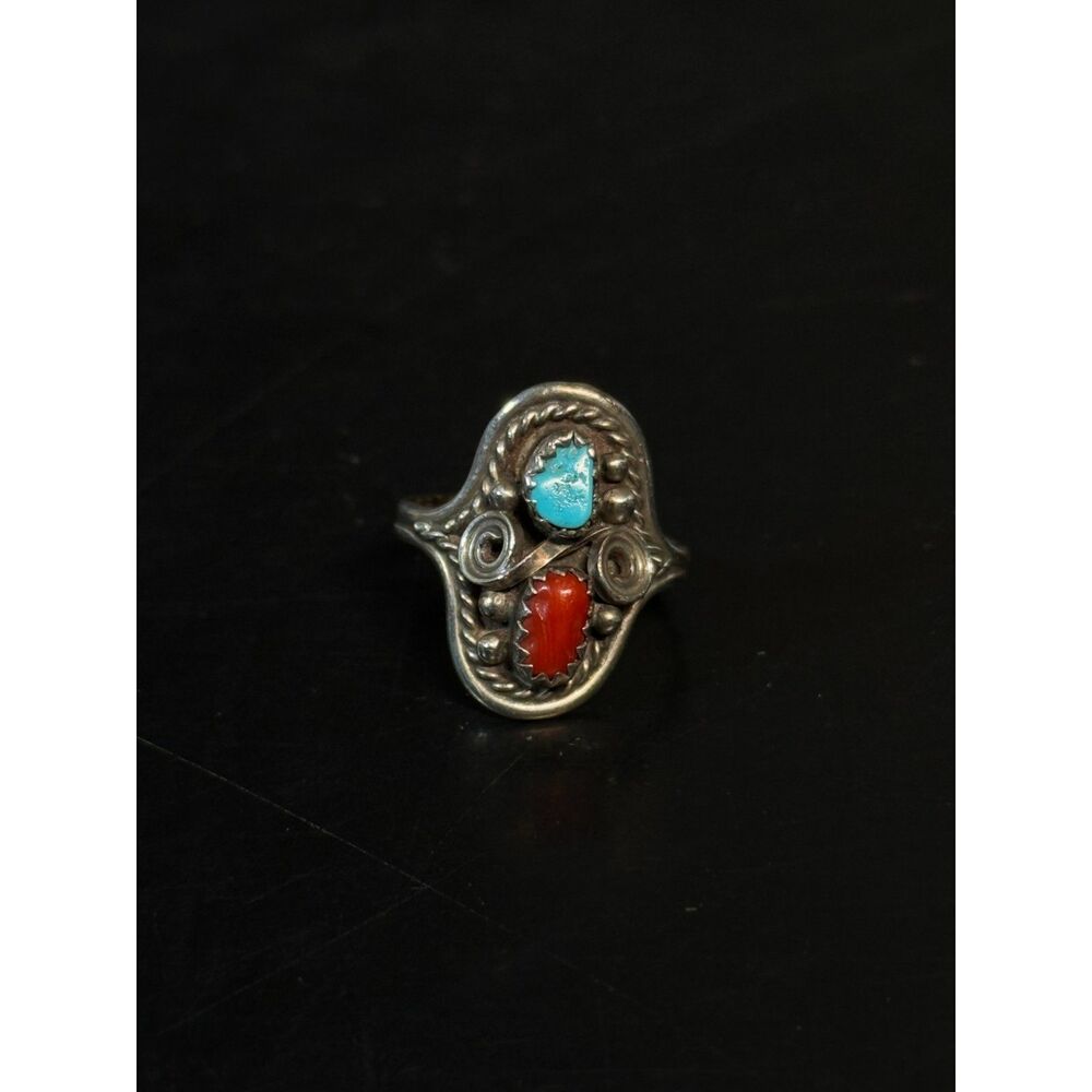 Vintage Native Turquoise Coral Ring Size 6